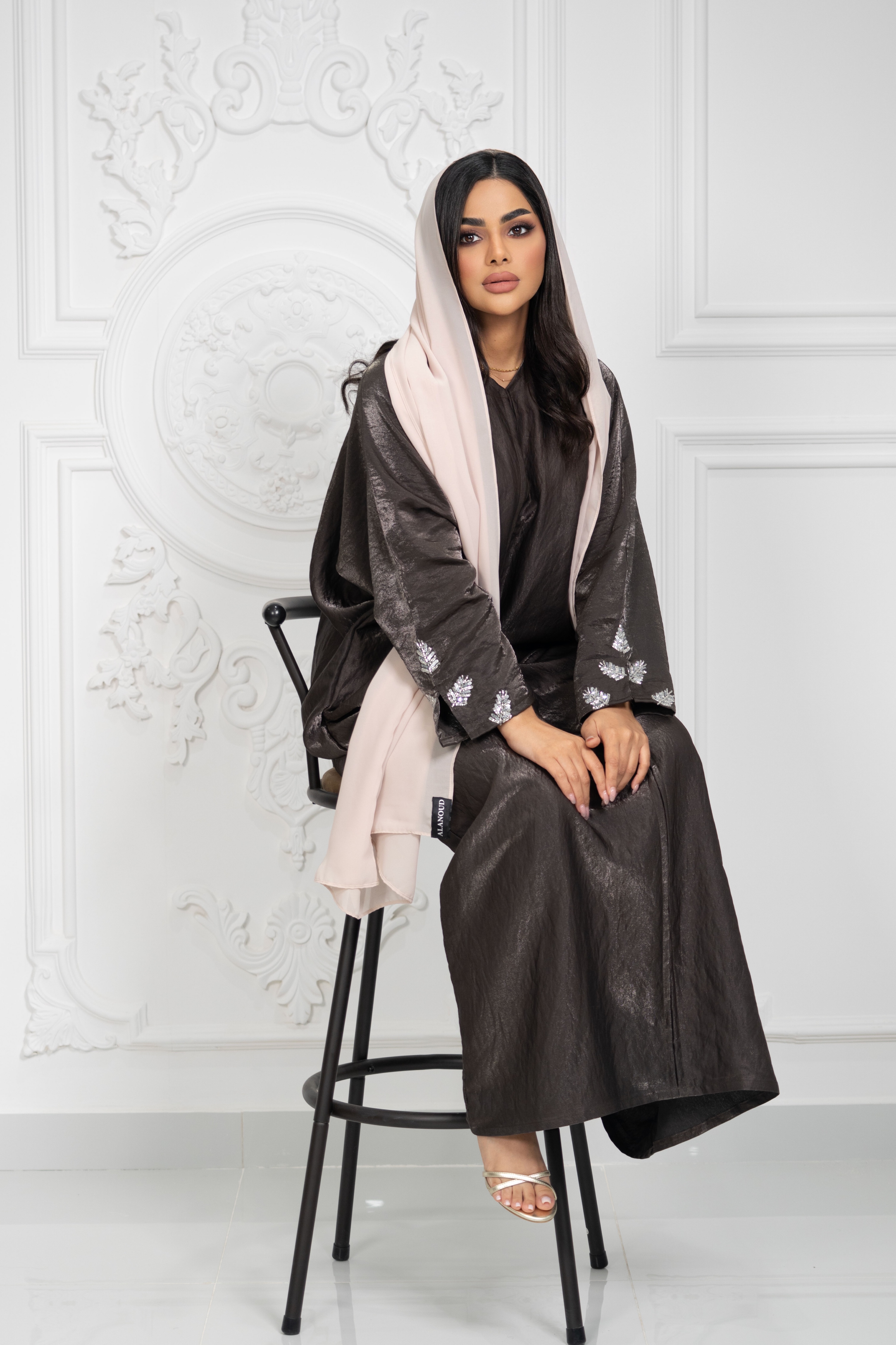 Bronze Shimmer Abaya with sequin leaf embroidered cuffs
